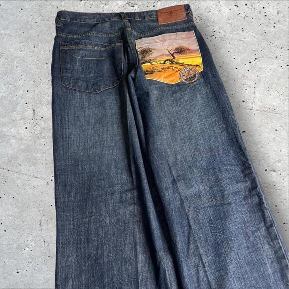 Vintage Mecca Jeans Mens Baggy Wide Leg Embroidered Hip Hop Skater 90s Y2K 34x34